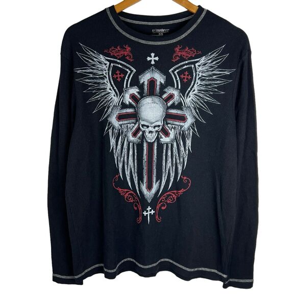 Vintage Y2K No Boundaries Thermal Shirt Mens XL Skull Cross Graphic Cyber Goth - Picture 1 of 5